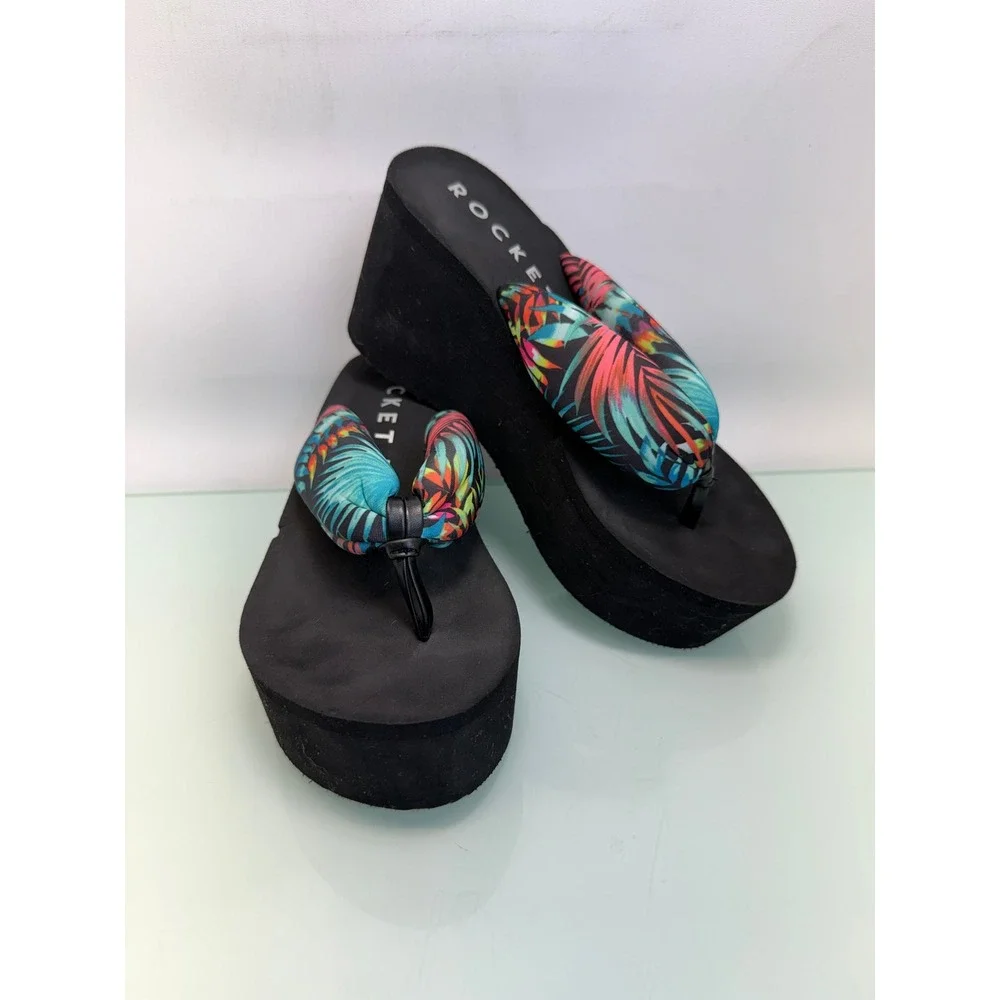 Rocket Dog Platform Flip Flop Sandals Women 6 Black Tropical Y2K Chunky Slides